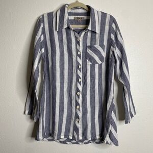 FLAX Linen Blue‎ White Stripe Button Front Shirt Tunic Top Size S